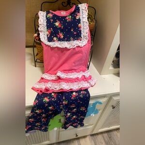 Girls Pink & Navy Floral Ruffle Pajama Set